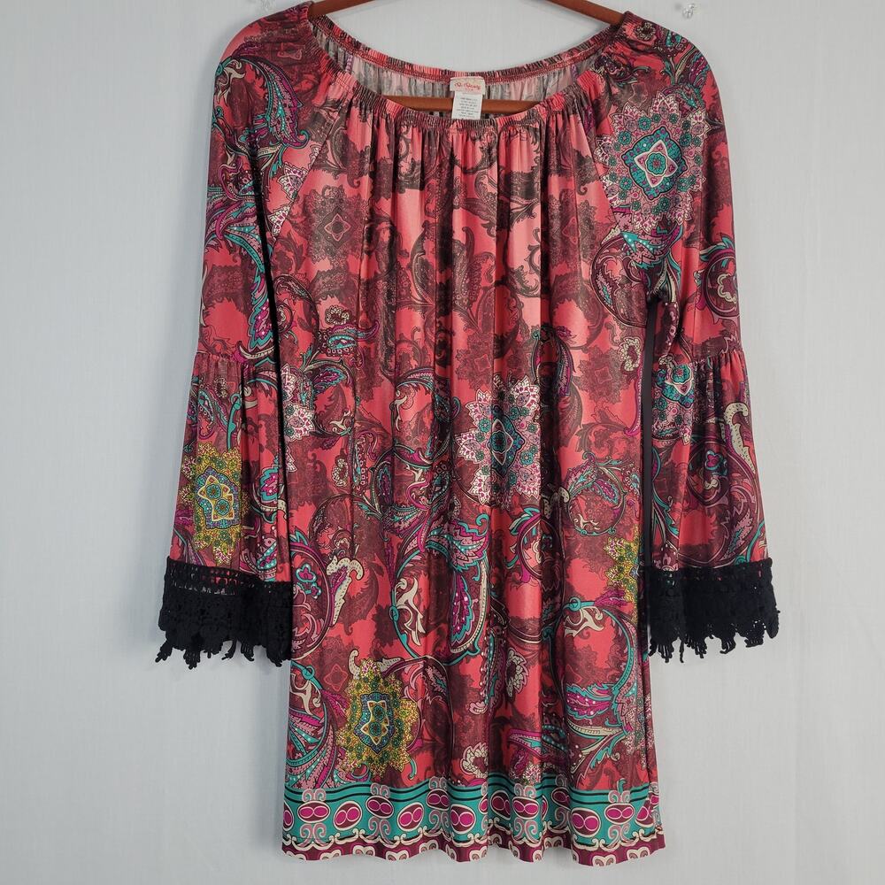 Vintage Y2K Paisley Bell Sleeve Top sz L Multi Contrast Crochet Sleeves Boho USA
